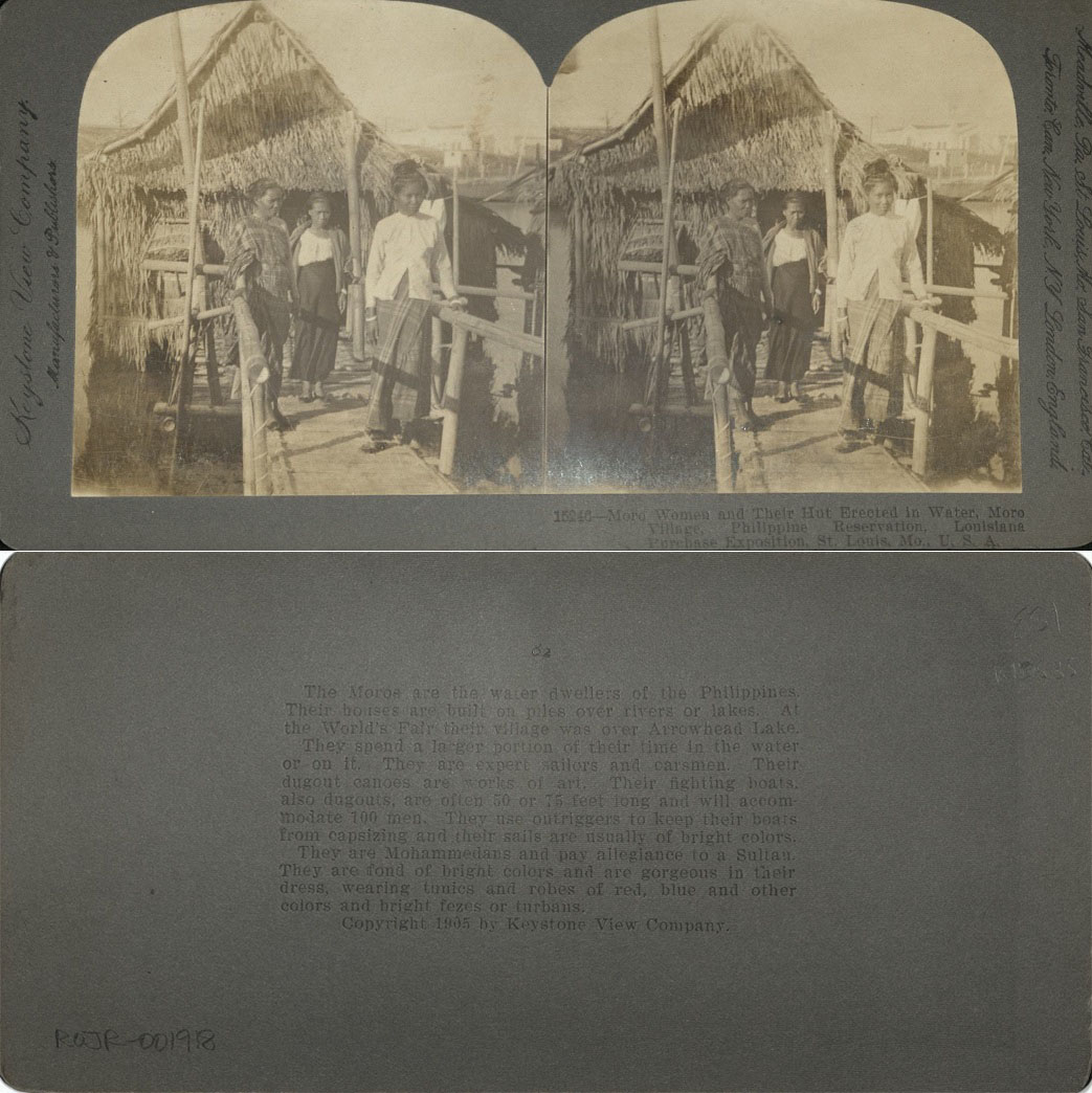 Moro Women and Their Hut Erected in Water, Moro Village, Philippine Reservation, Louisiana Purchase Exposition, St. Louis, Mo., U.S.A.